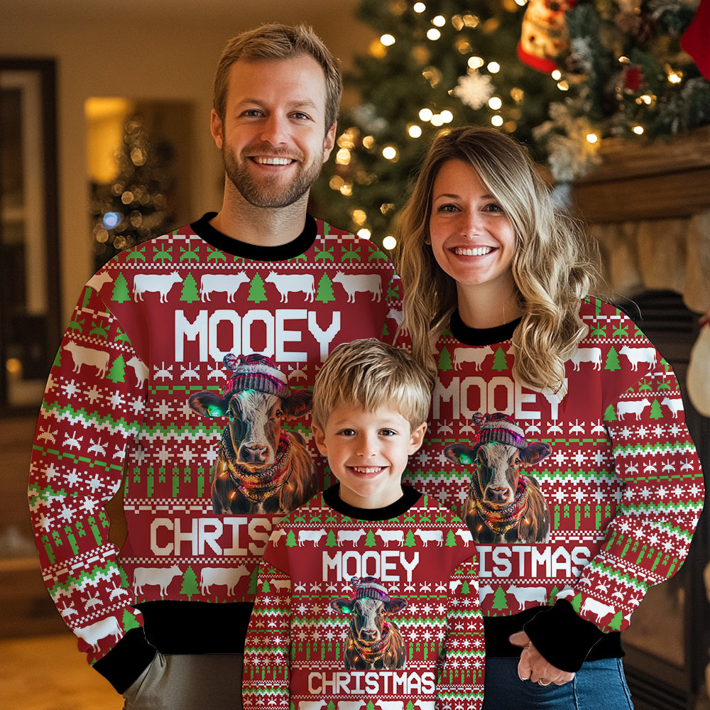 Mooey Christmas Cow Ugly Christmas Sweater, Funny Farm Animal Holiday Sweatshirt, Novelty Xmas Gift for Men and Women