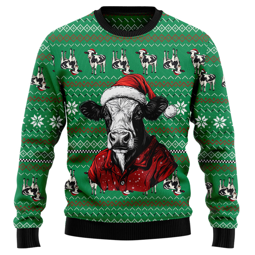 Festive Santa Hat Cow Ugly Christmas Sweater