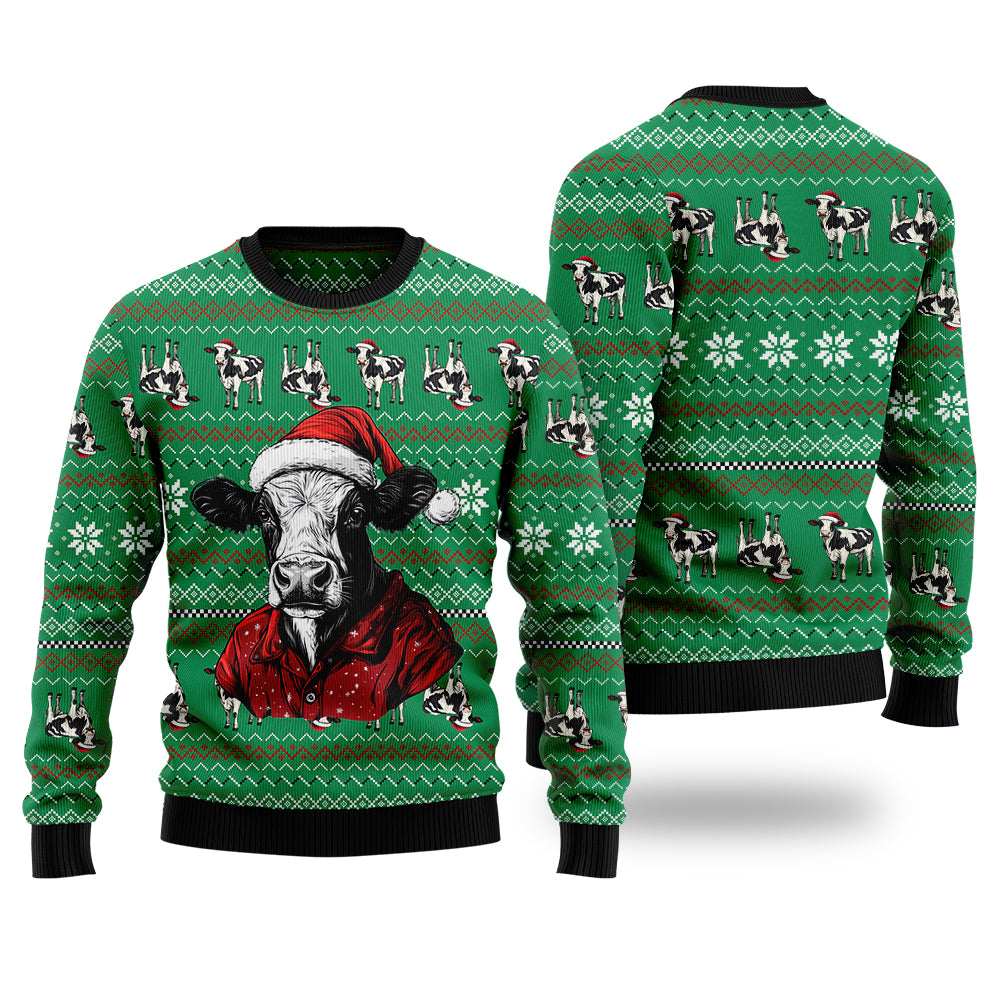 Festive Santa Hat Cow Ugly Christmas Sweater