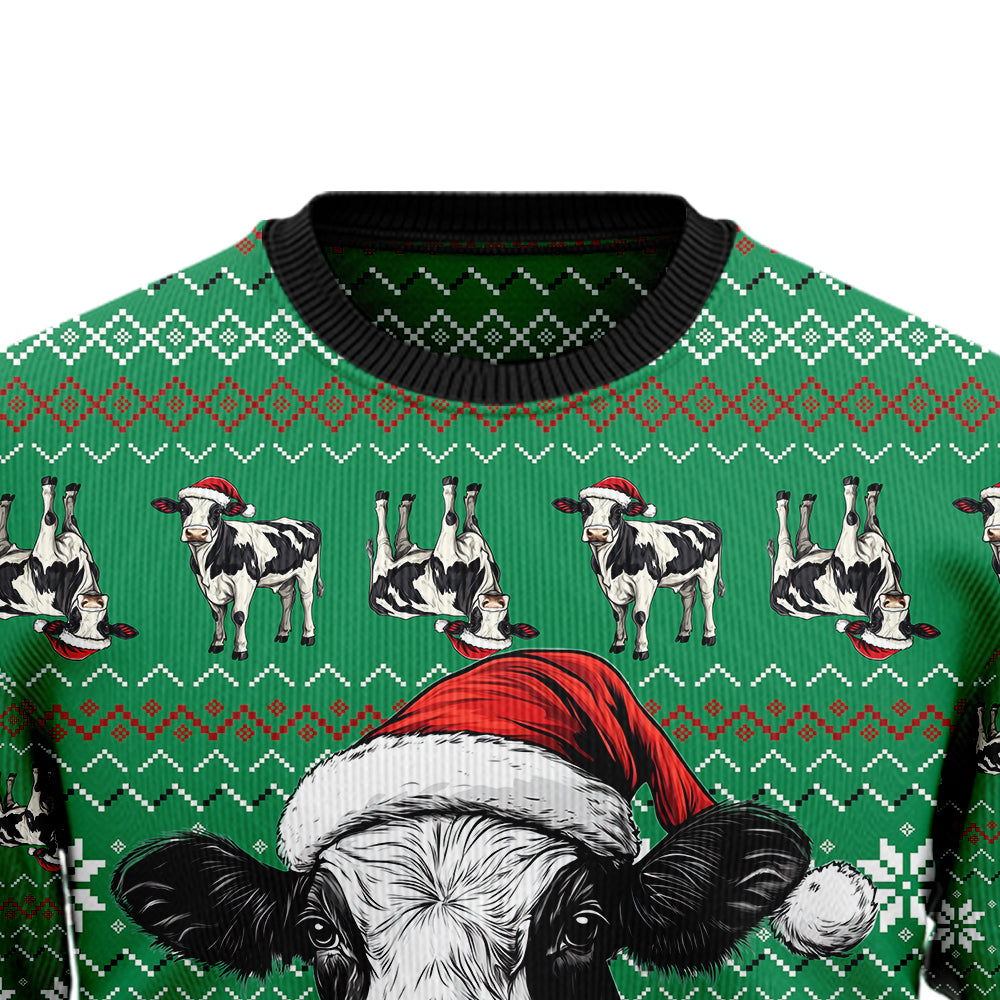 Festive Santa Hat Cow Ugly Christmas Sweater
