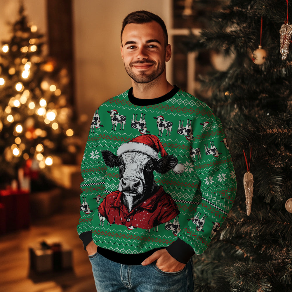 Festive Santa Hat Cow Ugly Christmas Sweater