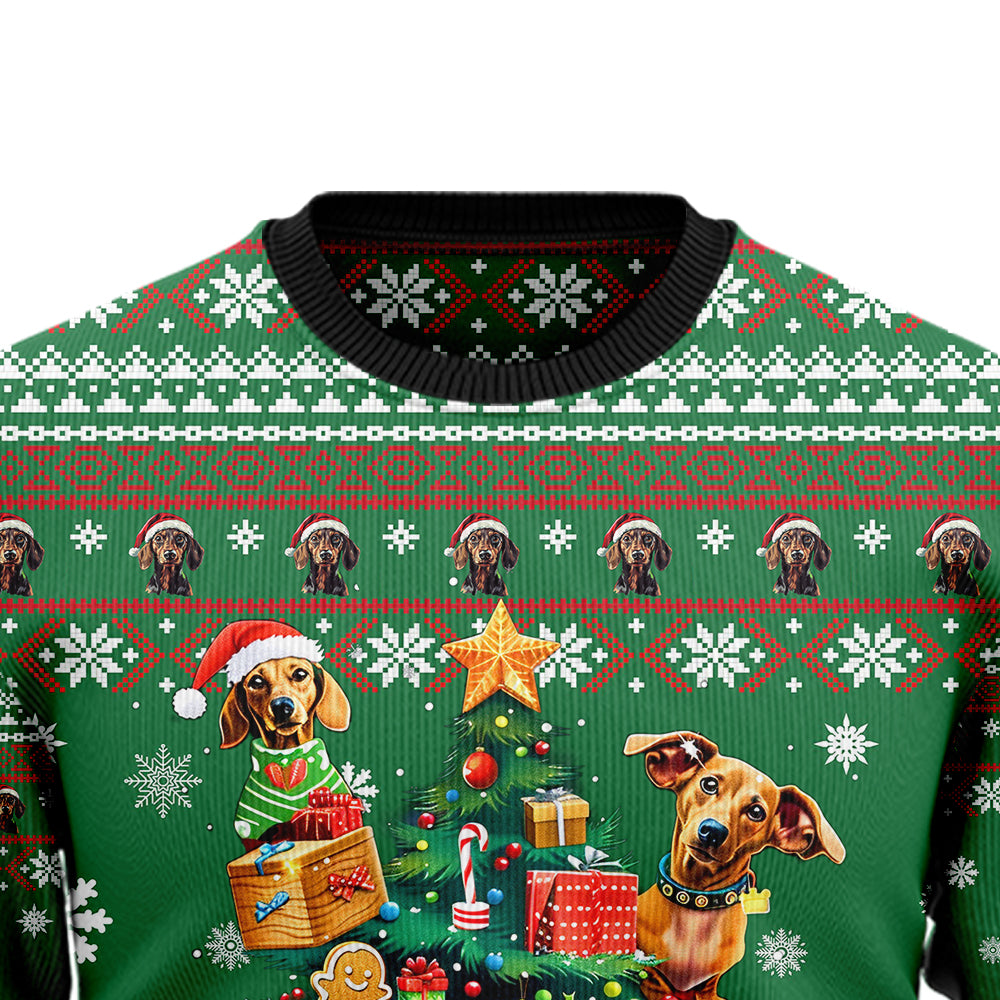 Funny Dachshund Dog Ugly Christmas Sweater, Cute Wiener Dog Lover Holiday Sweatshirt, Novelty Xmas Pullover Men Women