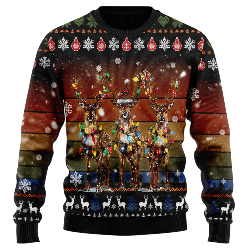 Reindeer Lights Ugly Christmas Sweater, Rustic Vintage Deer Holiday Pullover, Funny Xmas Party Sweatshirt Men Women