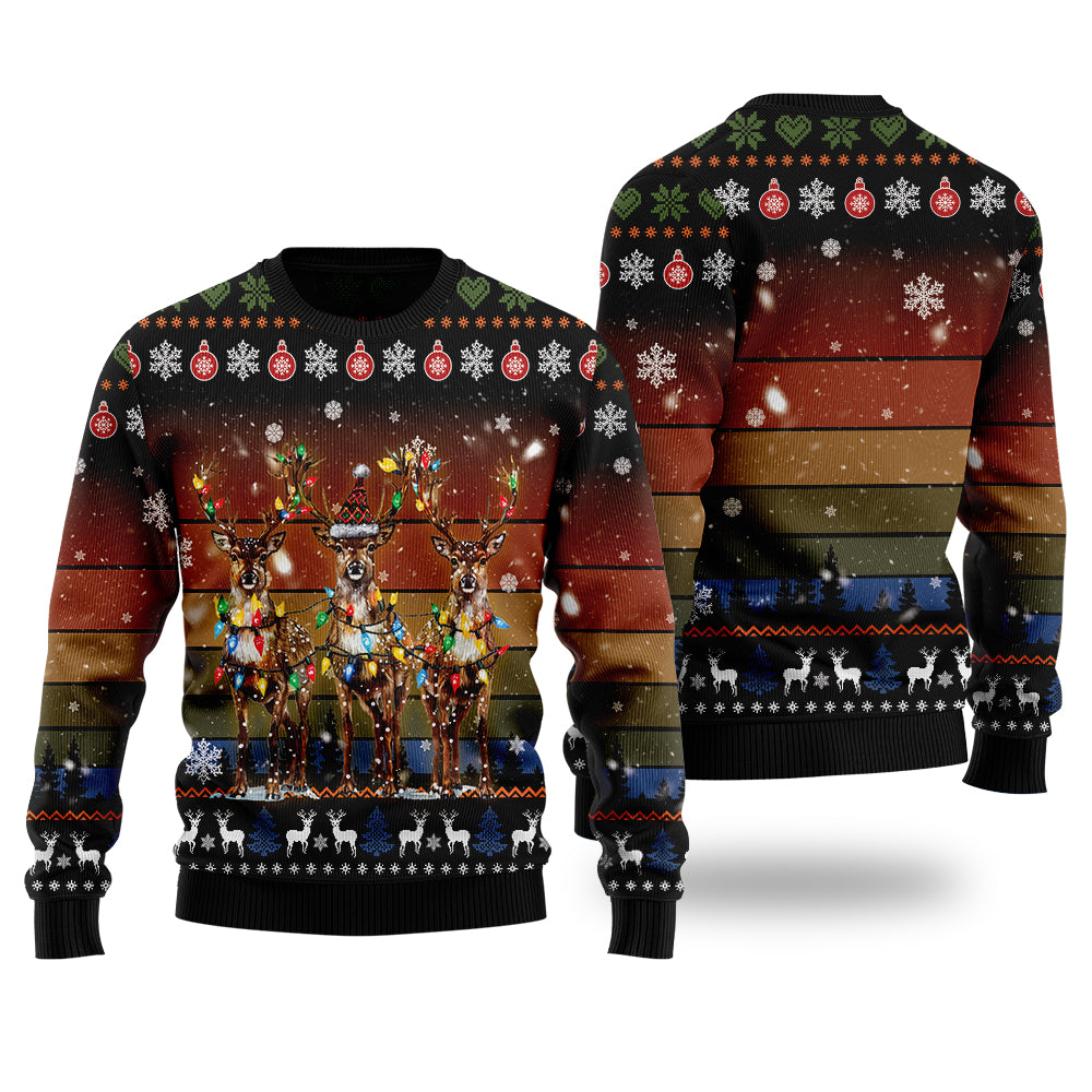 Reindeer Lights Ugly Christmas Sweater, Rustic Vintage Deer Holiday Pullover, Funny Xmas Party Sweatshirt Men Women