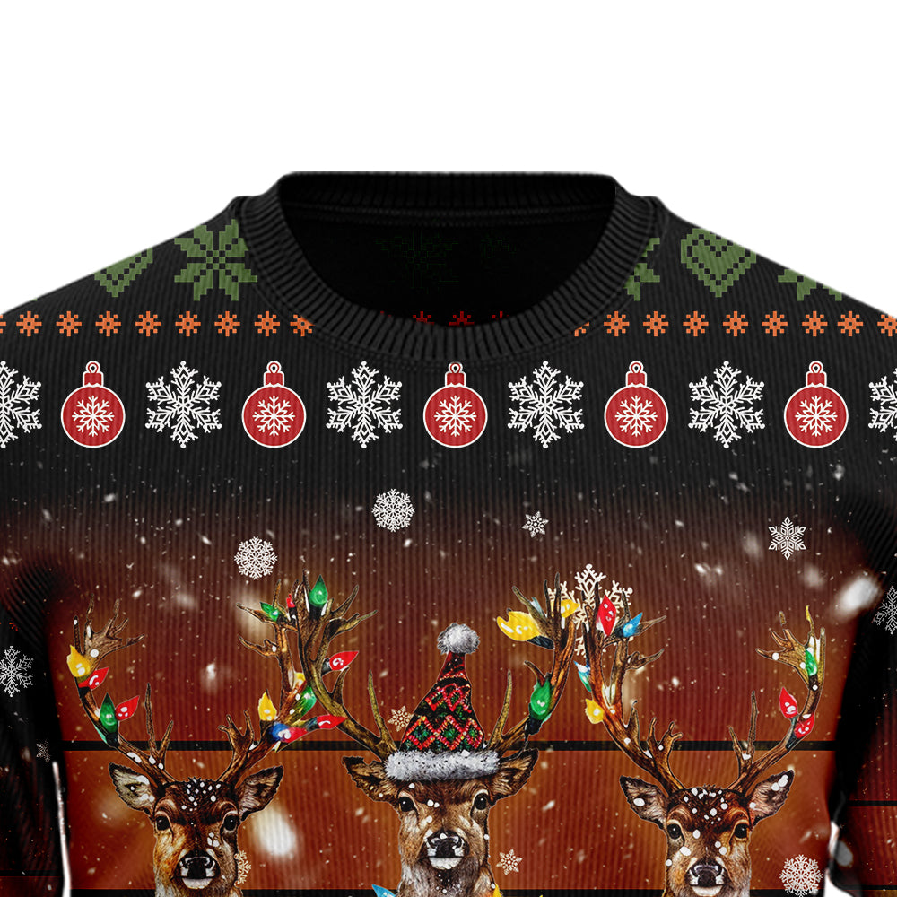 Reindeer Lights Ugly Christmas Sweater, Rustic Vintage Deer Holiday Pullover, Funny Xmas Party Sweatshirt Men Women