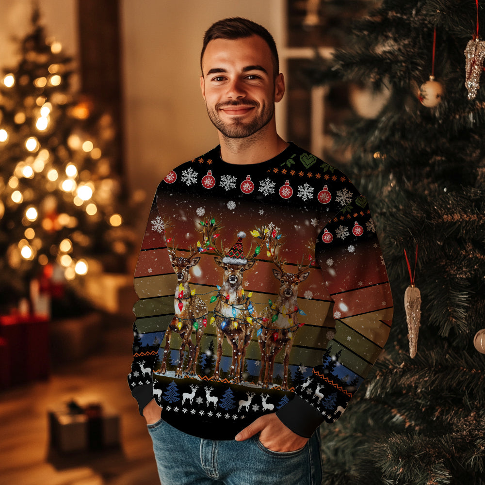 Reindeer Lights Ugly Christmas Sweater, Rustic Vintage Deer Holiday Pullover, Funny Xmas Party Sweatshirt Men Women