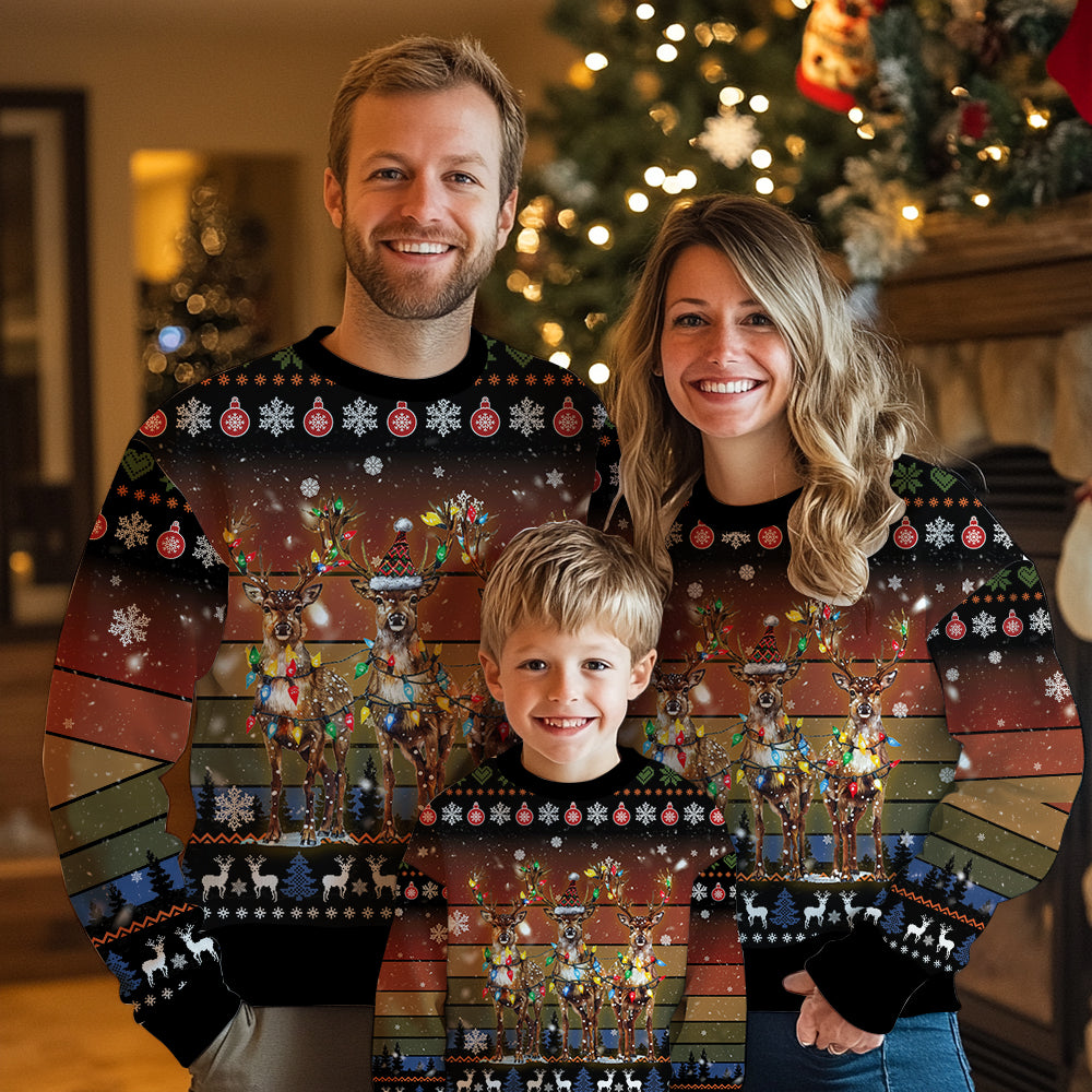 Reindeer Lights Ugly Christmas Sweater, Rustic Vintage Deer Holiday Pullover, Funny Xmas Party Sweatshirt Men Women