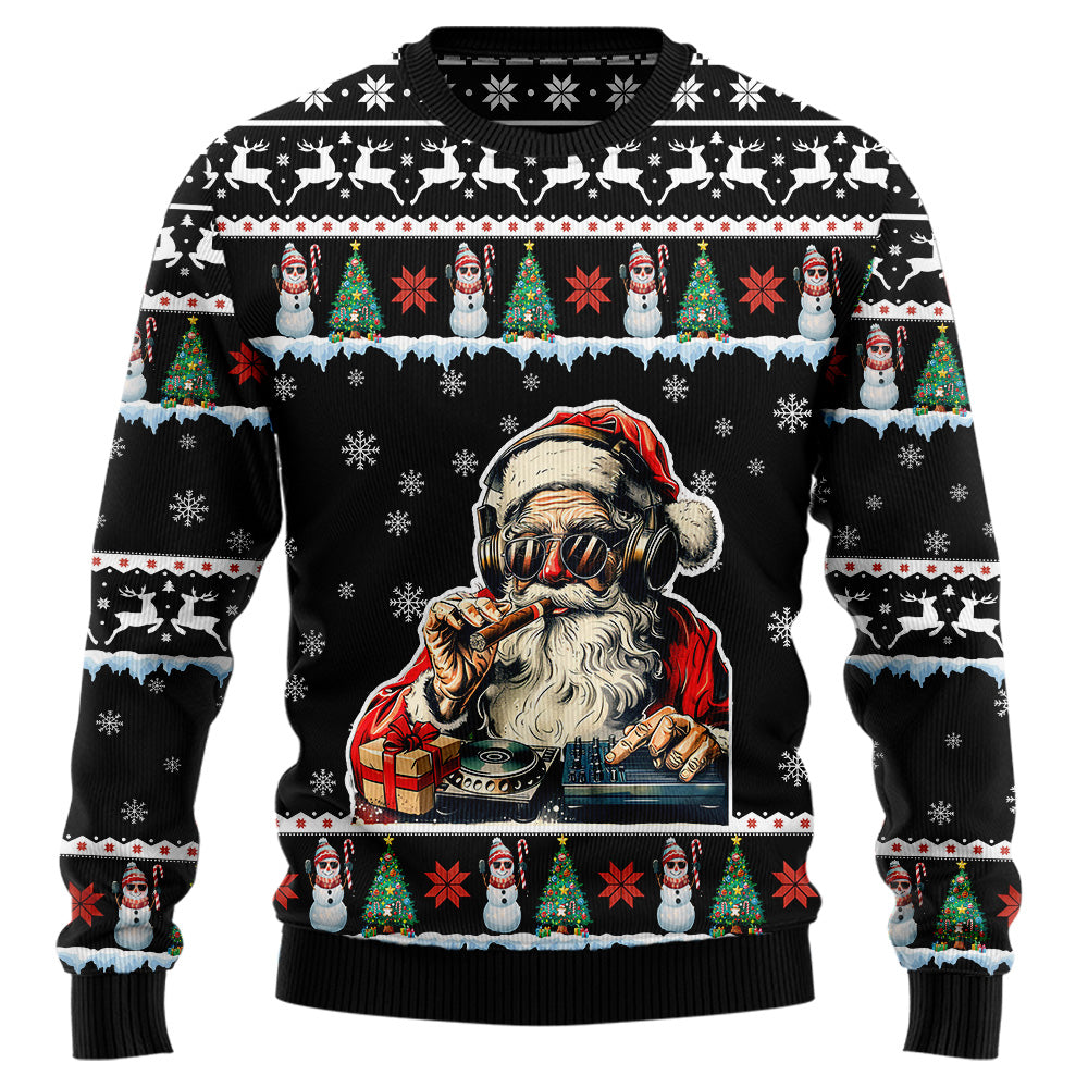 DJ Santa Ugly Christmas Sweater, Funny Disc Jockey Holiday Sweatshirt, Novelty Music Xmas Party Pullover Men Women