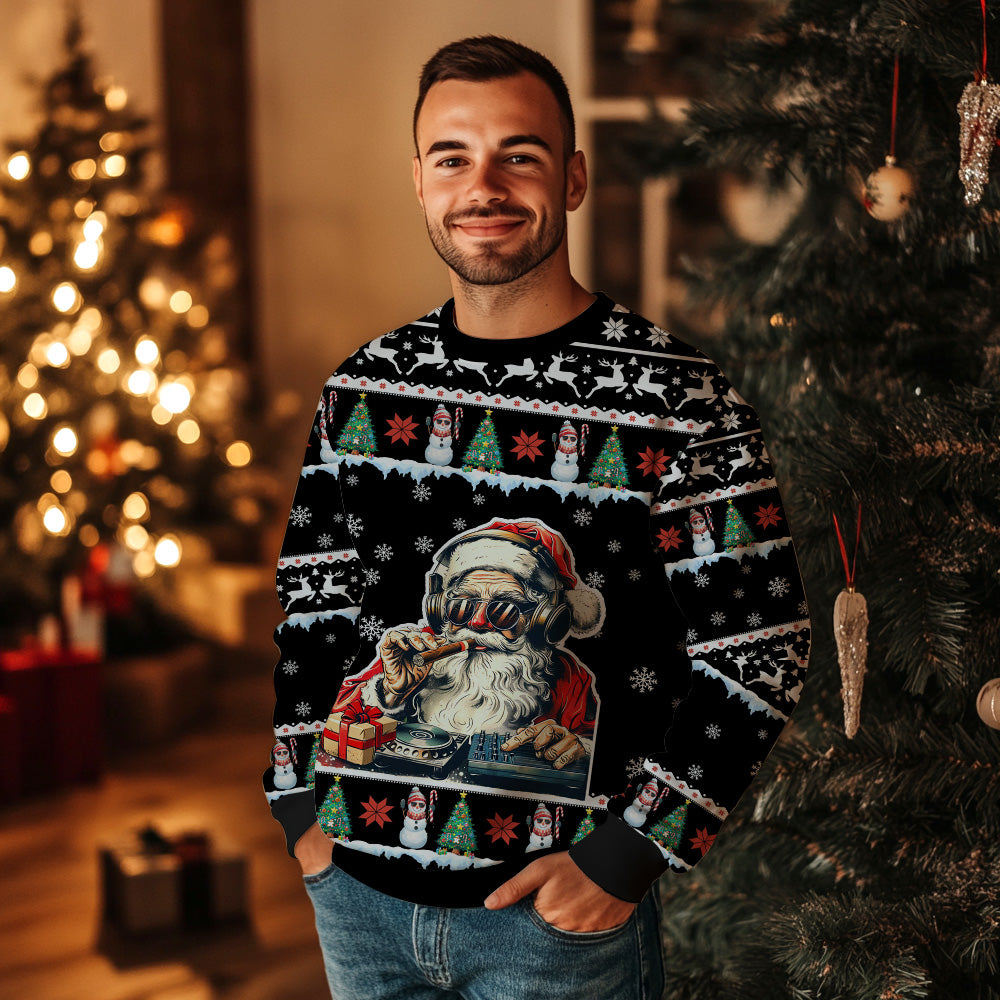 DJ Santa Ugly Christmas Sweater, Funny Disc Jockey Holiday Sweatshirt, Novelty Music Xmas Party Pullover Men Women