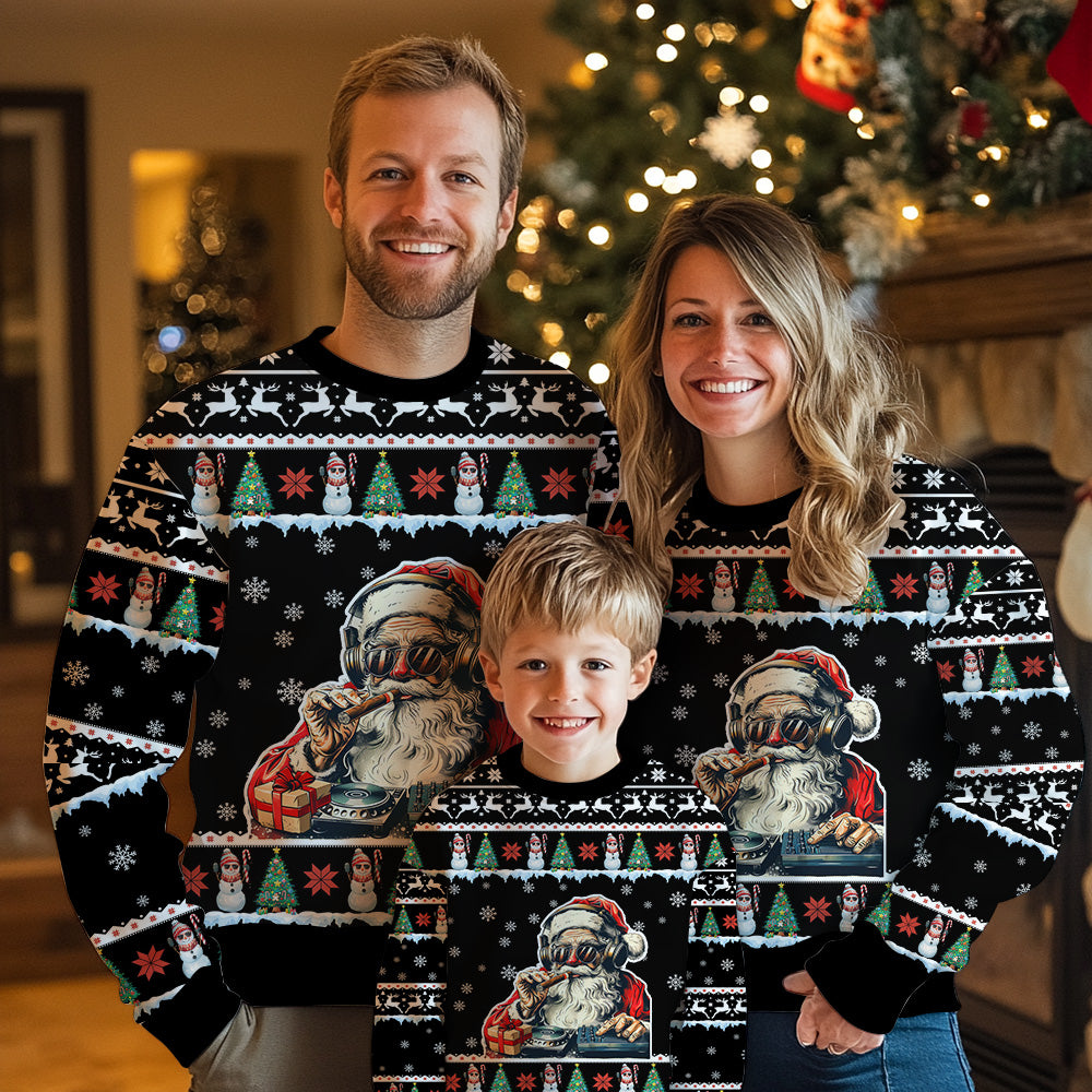 DJ Santa Ugly Christmas Sweater, Funny Disc Jockey Holiday Sweatshirt, Novelty Music Xmas Party Pullover Men Women