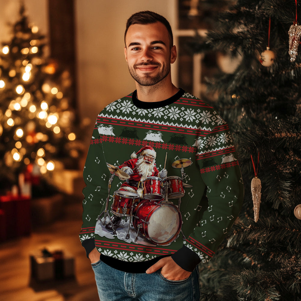 Rockin Santa Drummer Christmas Ugly Christmas Sweater