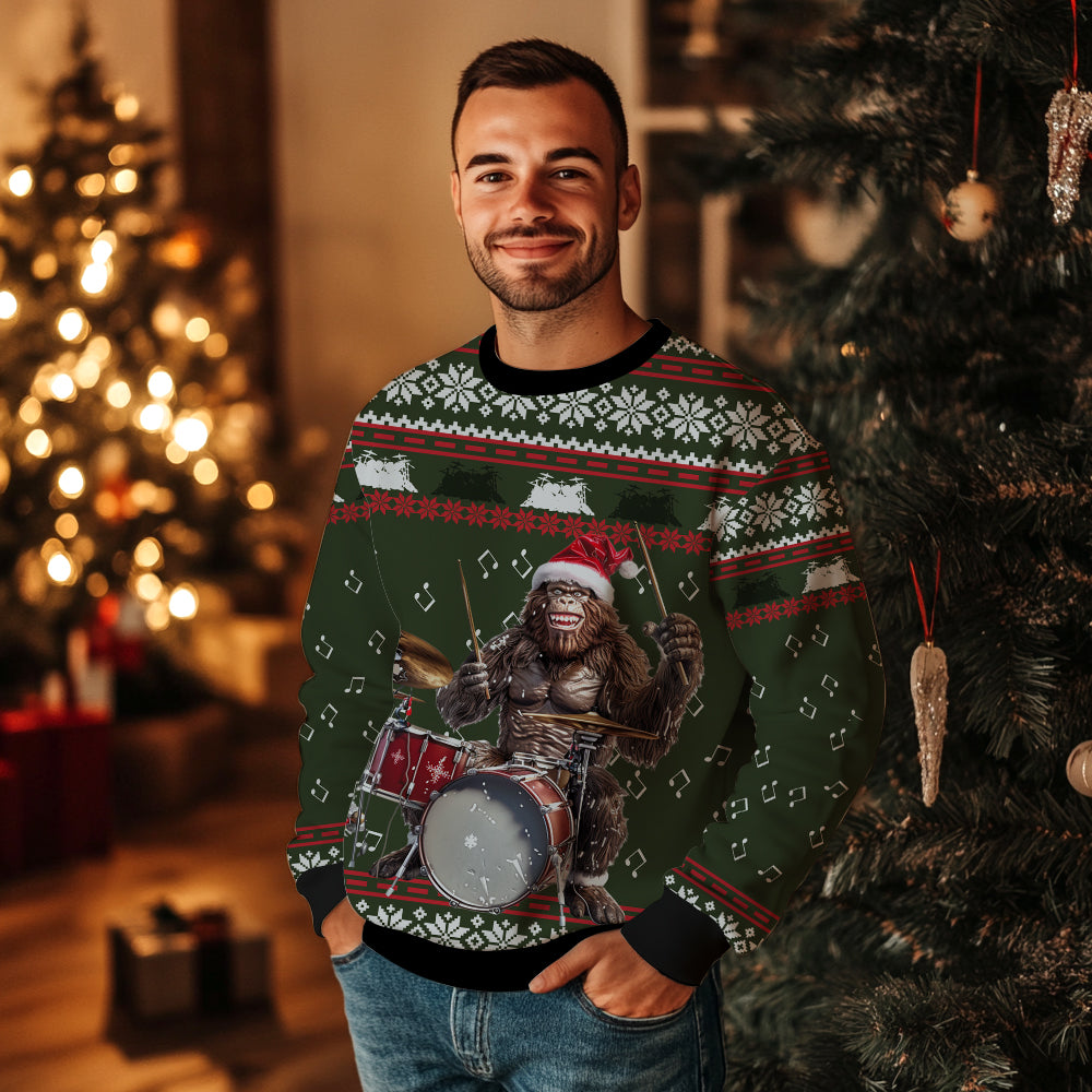 Bigfoot Drummer Ugly Christmas Sweater