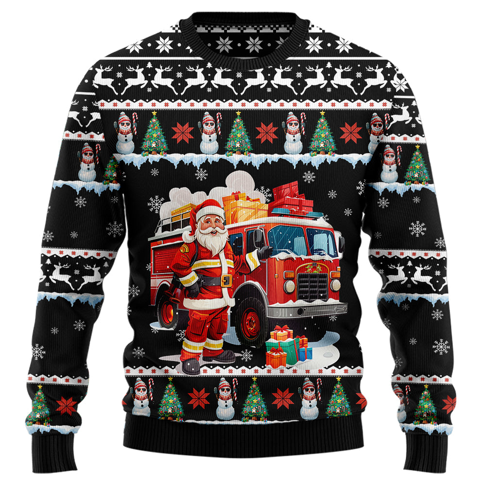 Santa Firefighter Ugly Christmas Sweater, Fire Truck Holiday Sweatshirt, Funny First Responder Xmas Pullover Men Women