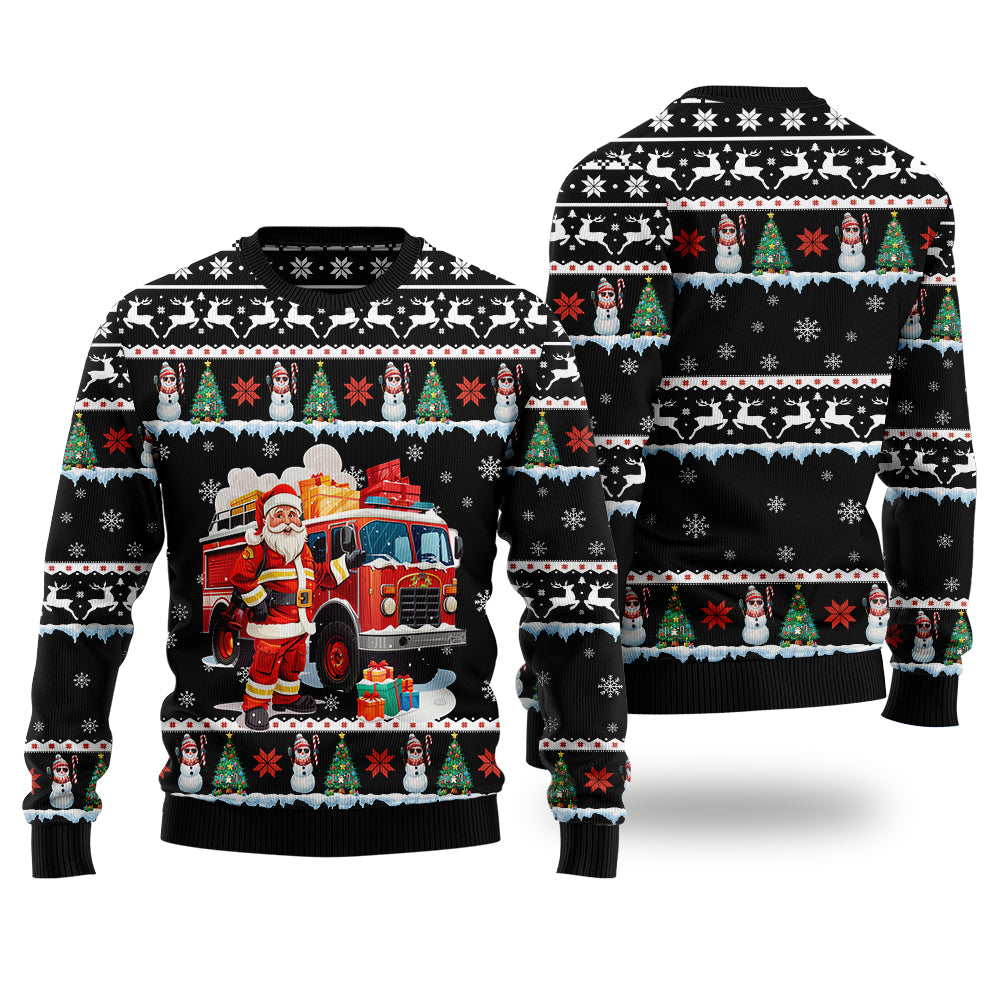 Santa Firefighter Ugly Christmas Sweater, Fire Truck Holiday Sweatshirt, Funny First Responder Xmas Pullover Men Women