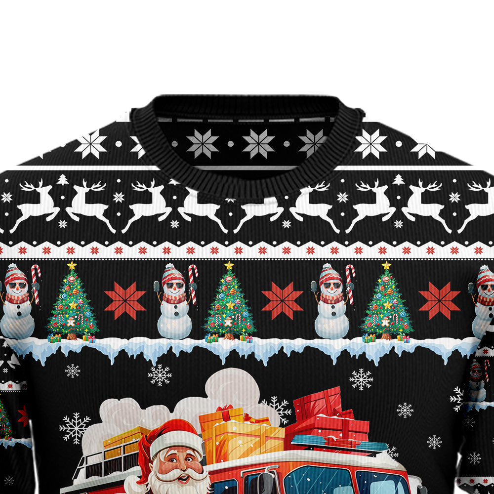 Santa Firefighter Ugly Christmas Sweater, Fire Truck Holiday Sweatshirt, Funny First Responder Xmas Pullover Men Women
