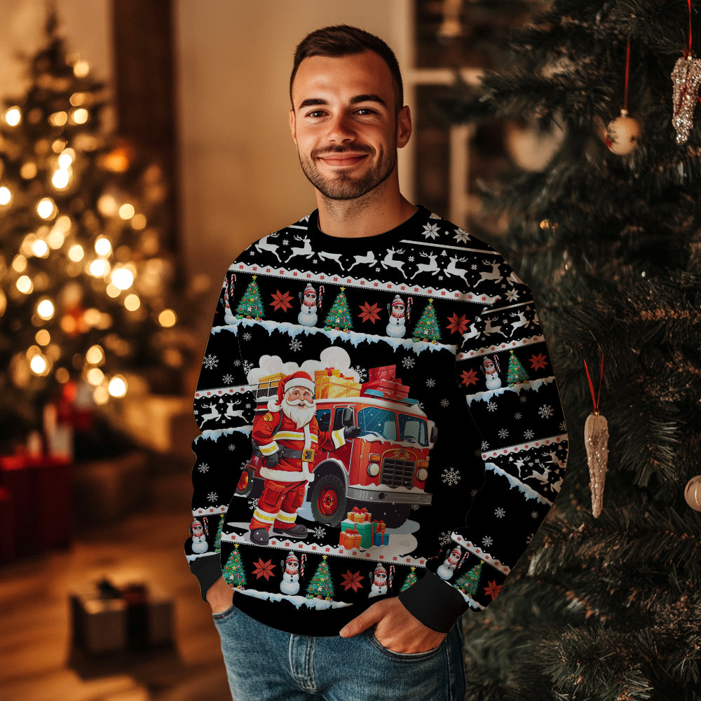Santa Firefighter Ugly Christmas Sweater, Fire Truck Holiday Sweatshirt, Funny First Responder Xmas Pullover Men Women