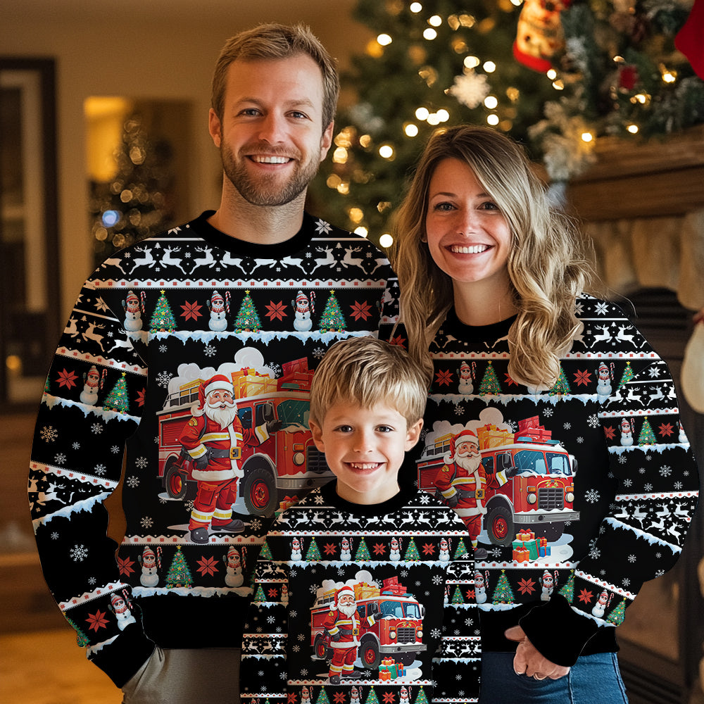 Santa Firefighter Ugly Christmas Sweater, Fire Truck Holiday Sweatshirt, Funny First Responder Xmas Pullover Men Women