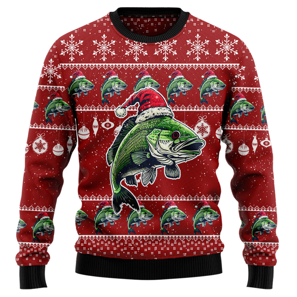Fishing Ugly Christmas Sweater, Funny Bass Fish Holiday Sweatshirt, Novelty Xmas Party Pullover for Men & Women