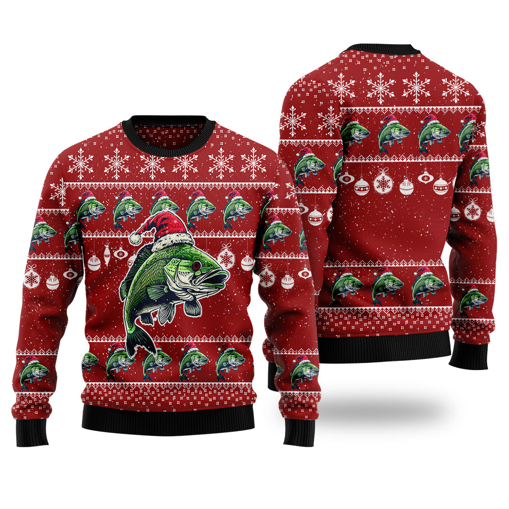 Fishing Ugly Christmas Sweater, Funny Bass Fish Holiday Sweatshirt, Novelty Xmas Party Pullover for Men & Women