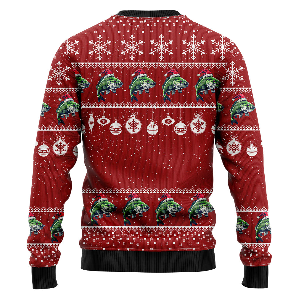 Fishing Ugly Christmas Sweater, Funny Bass Fish Holiday Sweatshirt, Novelty Xmas Party Pullover for Men & Women