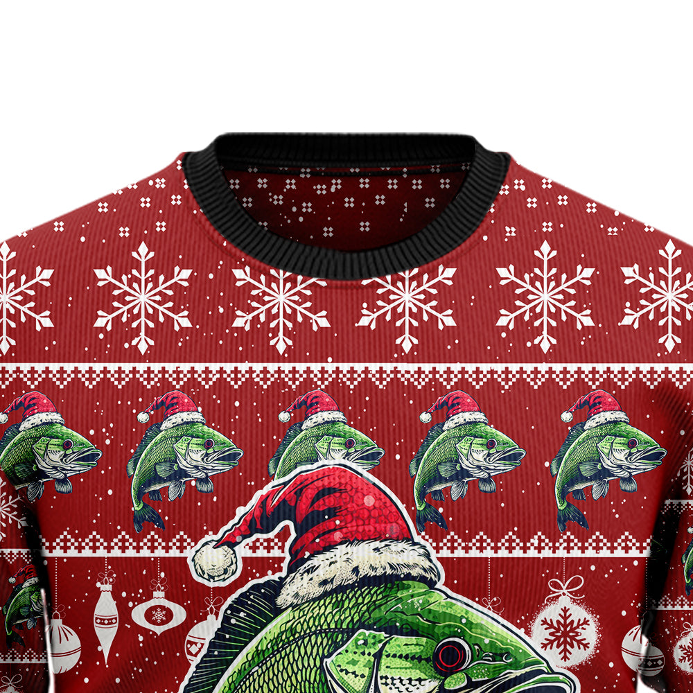 Fishing Ugly Christmas Sweater, Funny Bass Fish Holiday Sweatshirt, Novelty Xmas Party Pullover for Men & Women