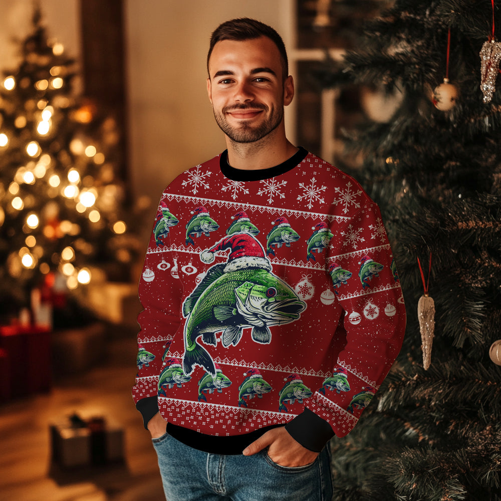 Fishing Ugly Christmas Sweater, Funny Bass Fish Holiday Sweatshirt, Novelty Xmas Party Pullover for Men & Women