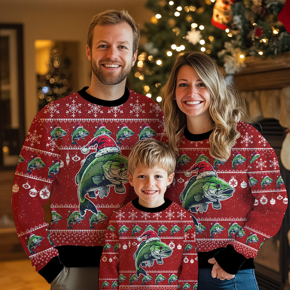 Fishing Ugly Christmas Sweater, Funny Bass Fish Holiday Sweatshirt, Novelty Xmas Party Pullover for Men & Women