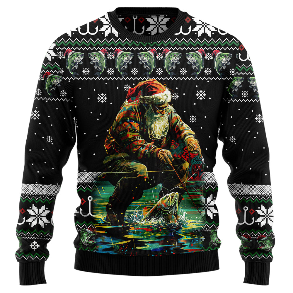 Santa Fishing Ugly Christmas Sweater, Funny Bass Angler Holiday Sweatshirt, Novelty Xmas Party Pullover Men Women