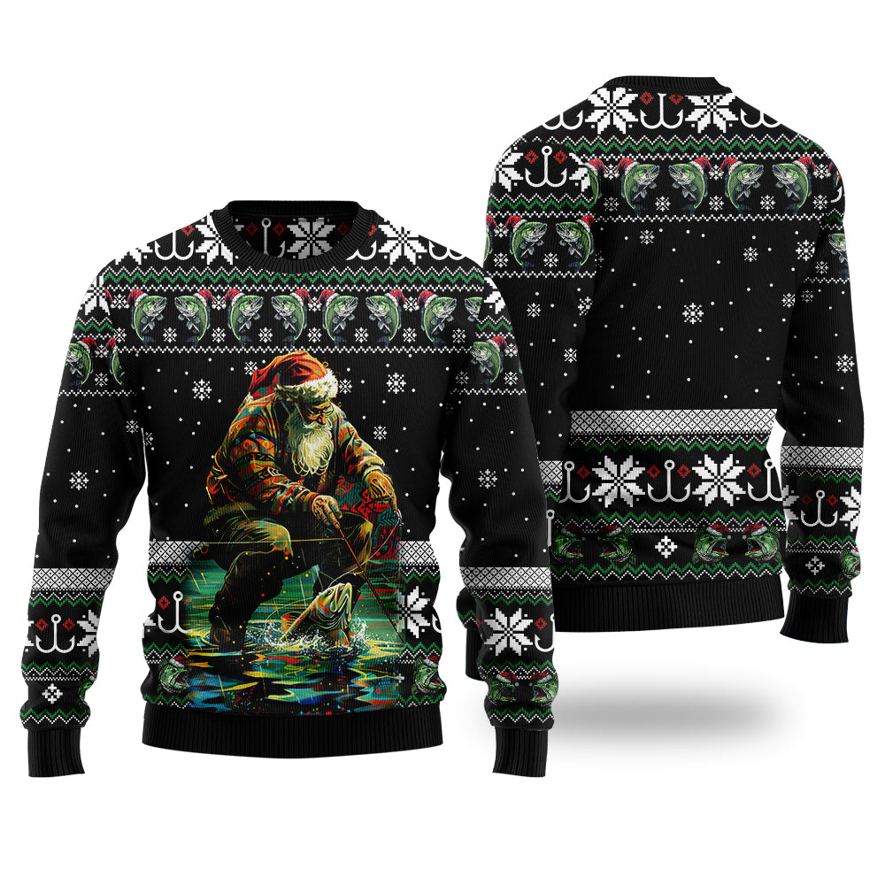 Santa Fishing Ugly Christmas Sweater, Funny Bass Angler Holiday Sweatshirt, Novelty Xmas Party Pullover Men Women