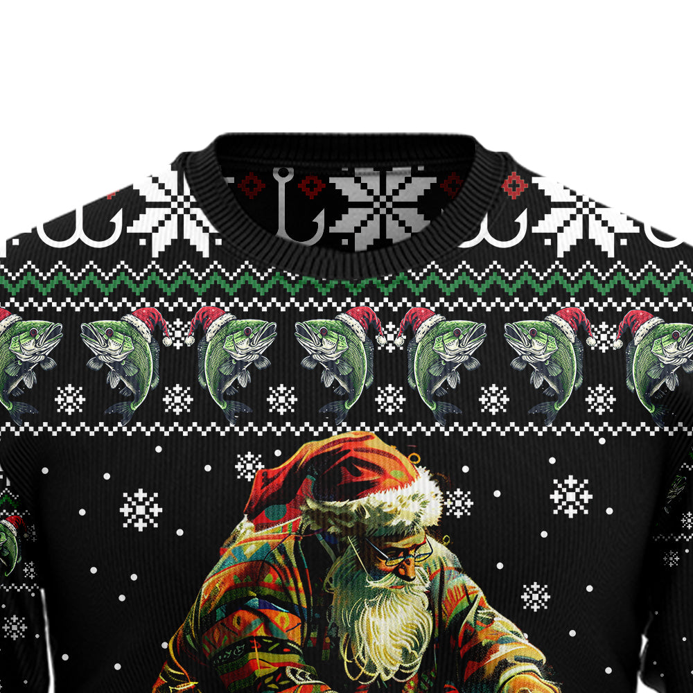Santa Fishing Ugly Christmas Sweater, Funny Bass Angler Holiday Sweatshirt, Novelty Xmas Party Pullover Men Women