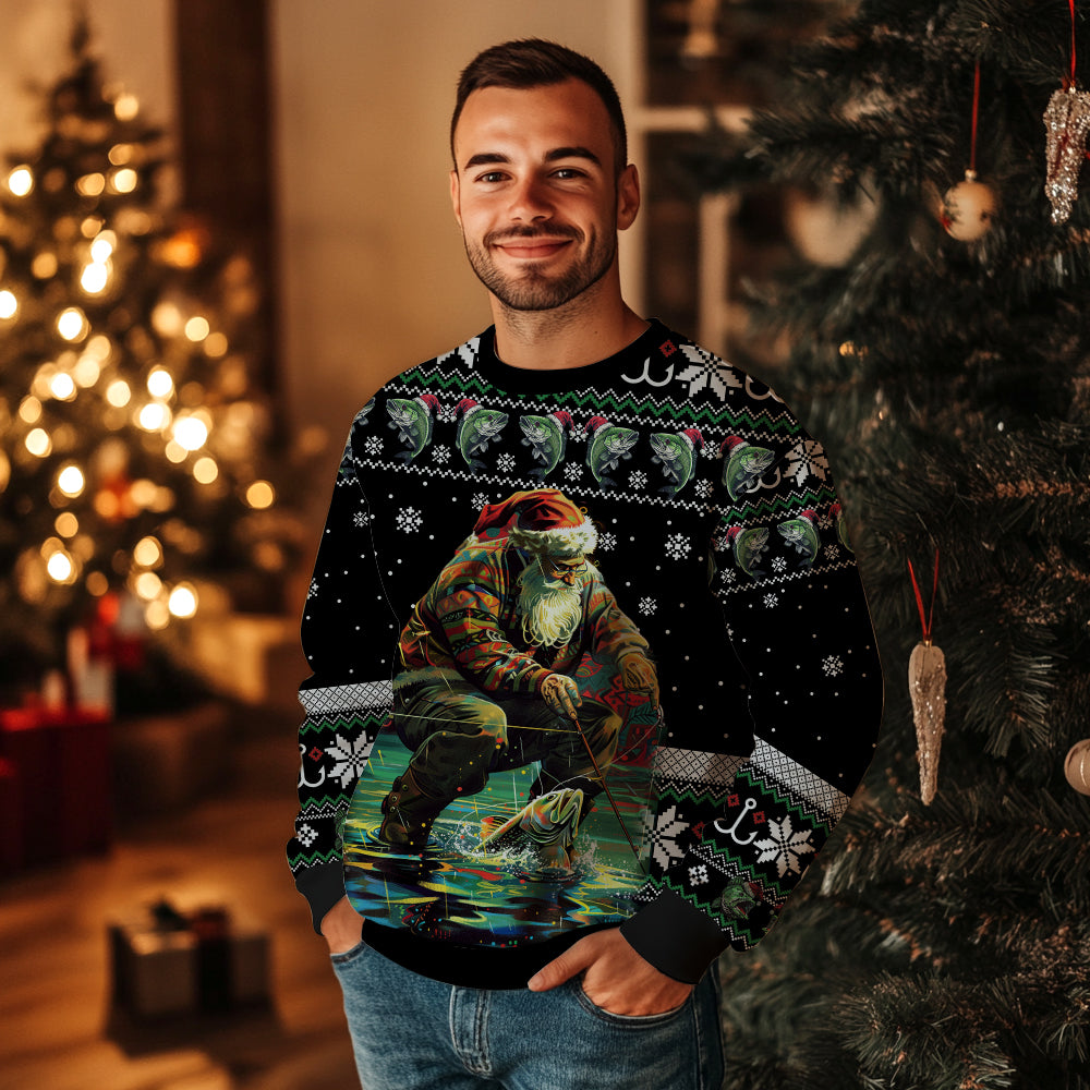 Santa Fishing Ugly Christmas Sweater, Funny Bass Angler Holiday Sweatshirt, Novelty Xmas Party Pullover Men Women