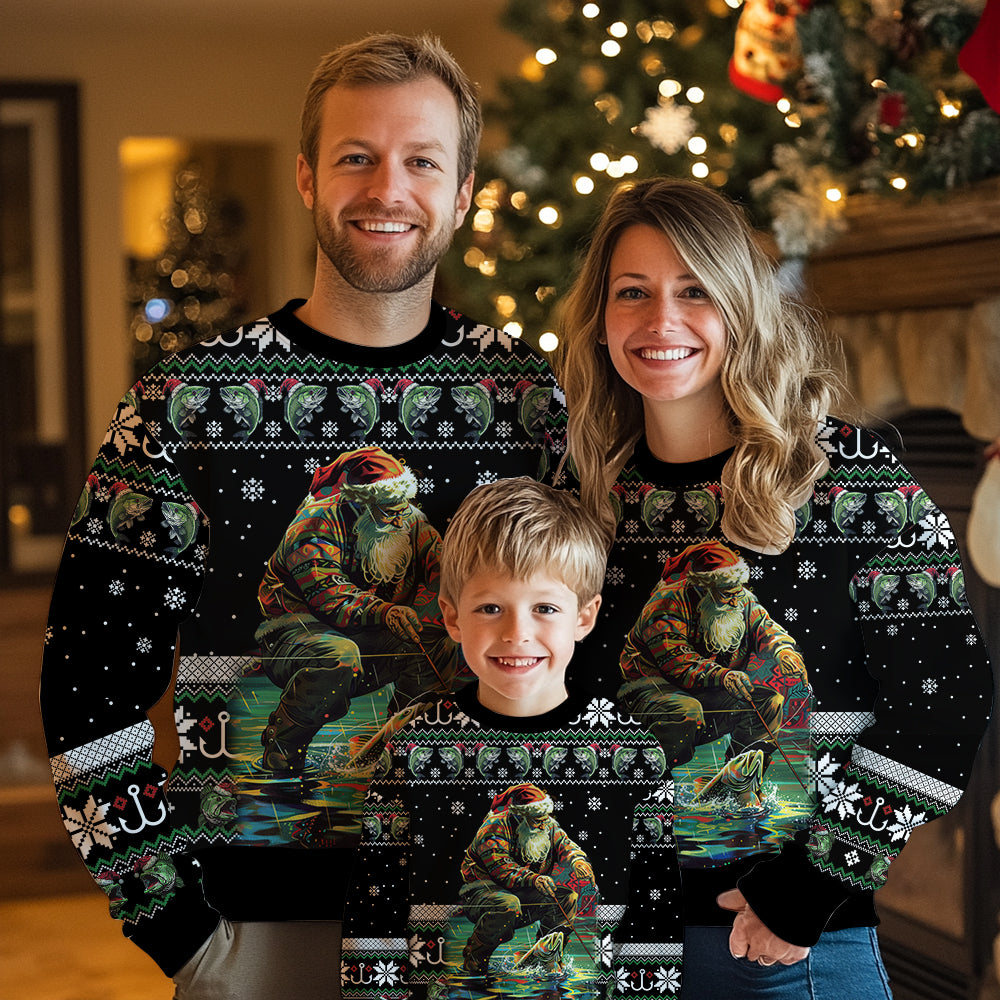Santa Fishing Ugly Christmas Sweater, Funny Bass Angler Holiday Sweatshirt, Novelty Xmas Party Pullover Men Women