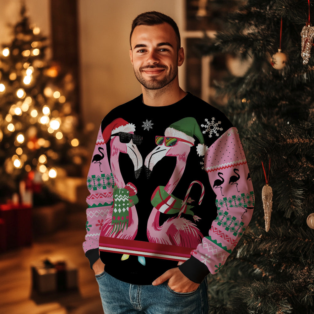 Festive Flamingo Santa Hat Ugly Christmas Sweater