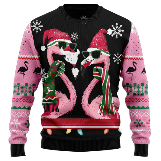 Festive Tropical Flamingo Couple Ugly Christmas Sweater