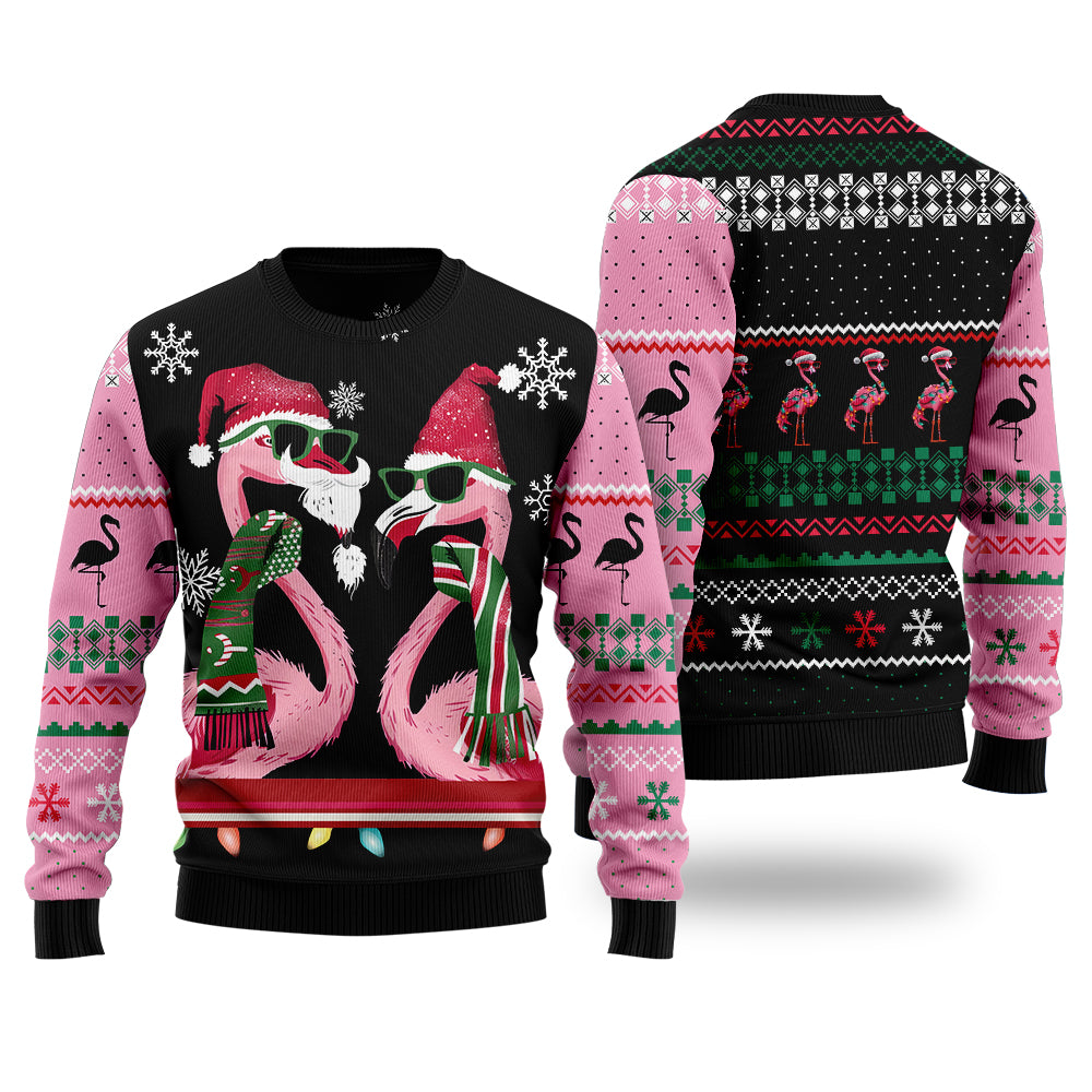 Festive Tropical Flamingo Couple Ugly Christmas Sweater
