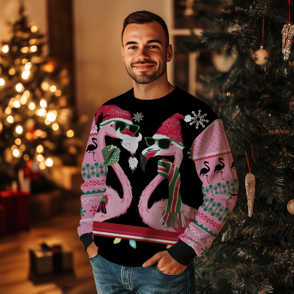 Festive Tropical Flamingo Couple Ugly Christmas Sweater