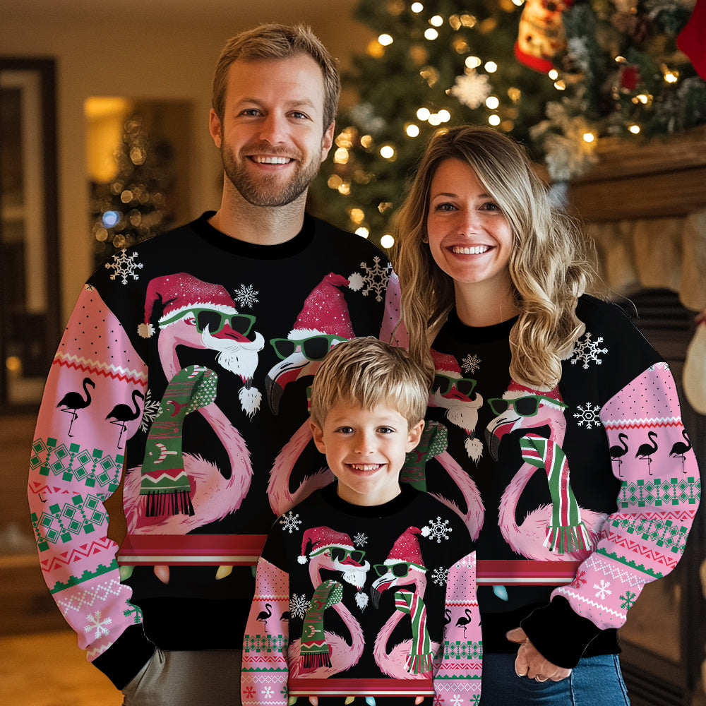 Festive Tropical Flamingo Couple Ugly Christmas Sweater