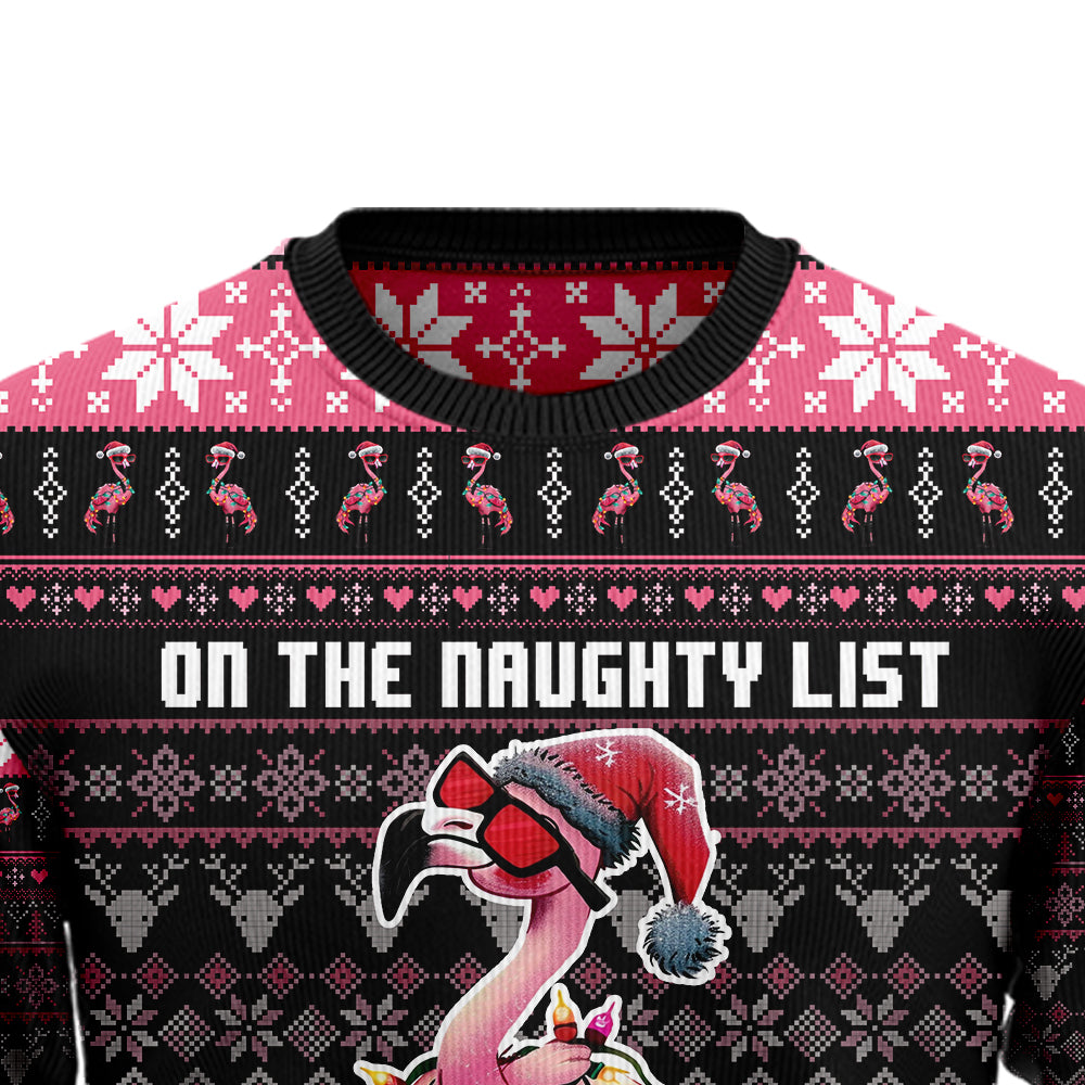 On The Naughty List Flamingo Ugly Christmas Sweater