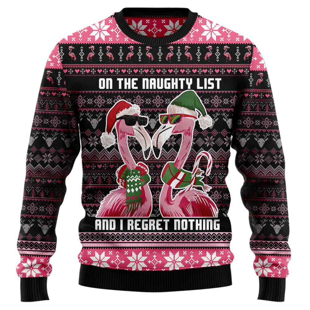Funny Flamingo On The Naughty List Ugly Christmas Sweater, 3D Tropical Holiday Sweatshirt, Pink Bird Xmas Jumper