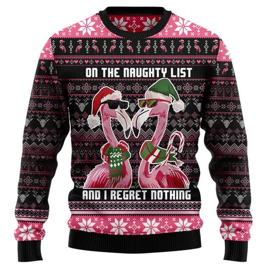 "On the Naughty List and I Regret Nothing" Funny Flamingo Ugly Christmas Sweater
