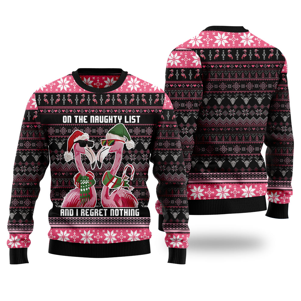 "On the Naughty List and I Regret Nothing" Funny Flamingo Ugly Christmas Sweater