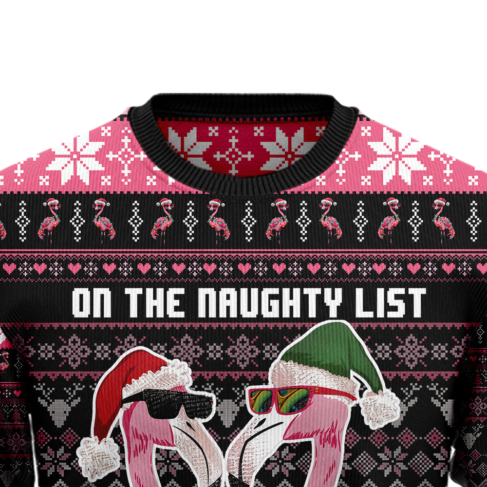 "On the Naughty List and I Regret Nothing" Funny Flamingo Ugly Christmas Sweater