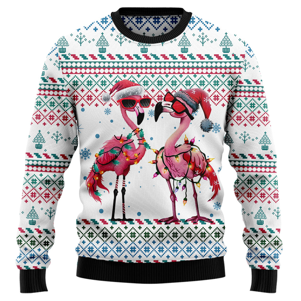 Festive Flamingos in Santa Hats Ugly Christmas Sweater