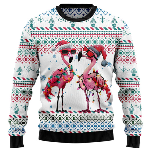 Festive Flamingos in Santa Hats Ugly Christmas Sweater