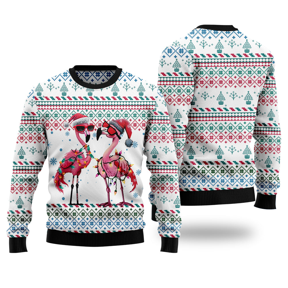 Festive Flamingos in Santa Hats Ugly Christmas Sweater
