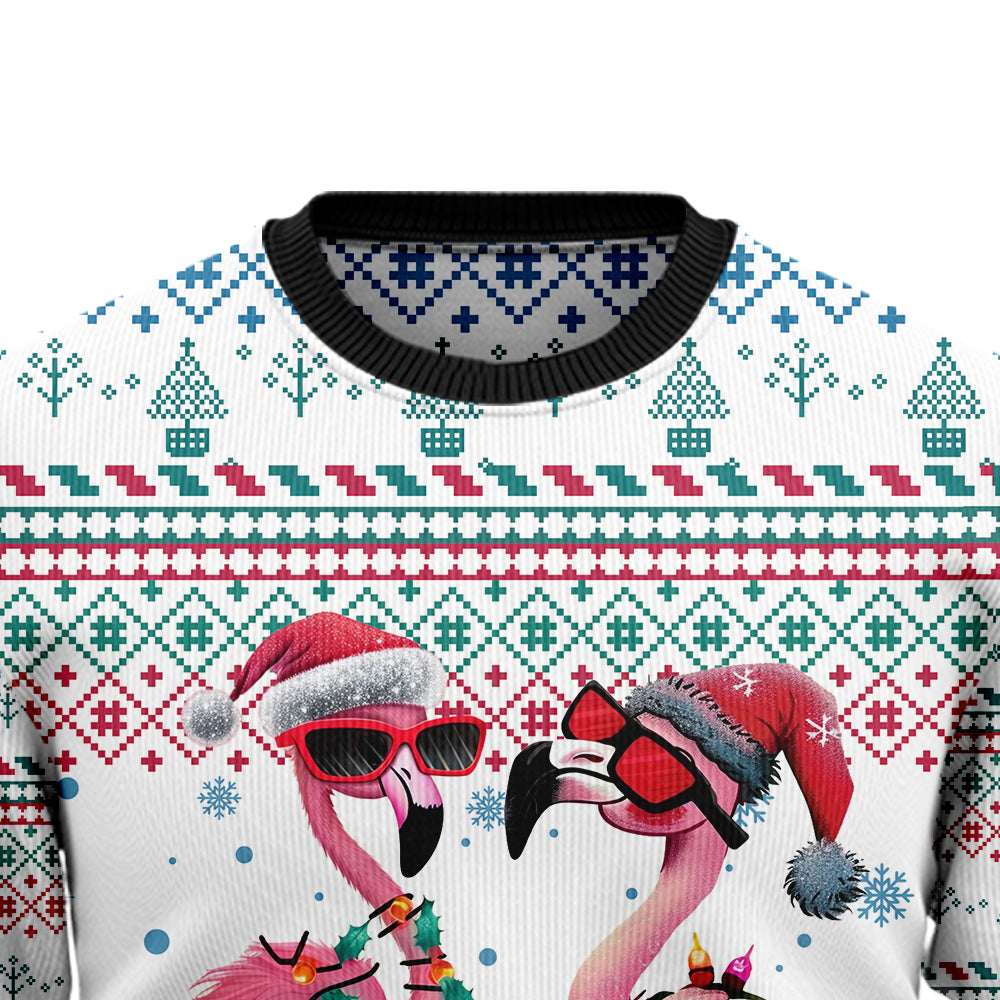 Festive Flamingos in Santa Hats Ugly Christmas Sweater