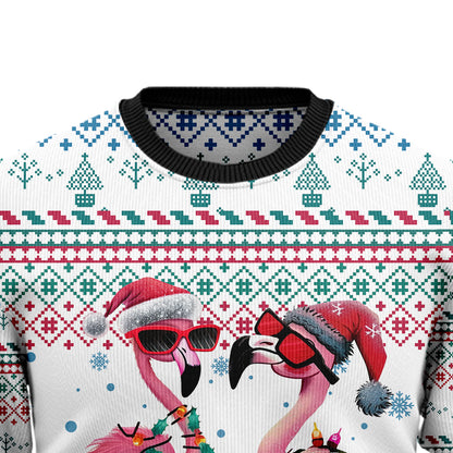 Festive Flamingos in Santa Hats Ugly Christmas Sweater