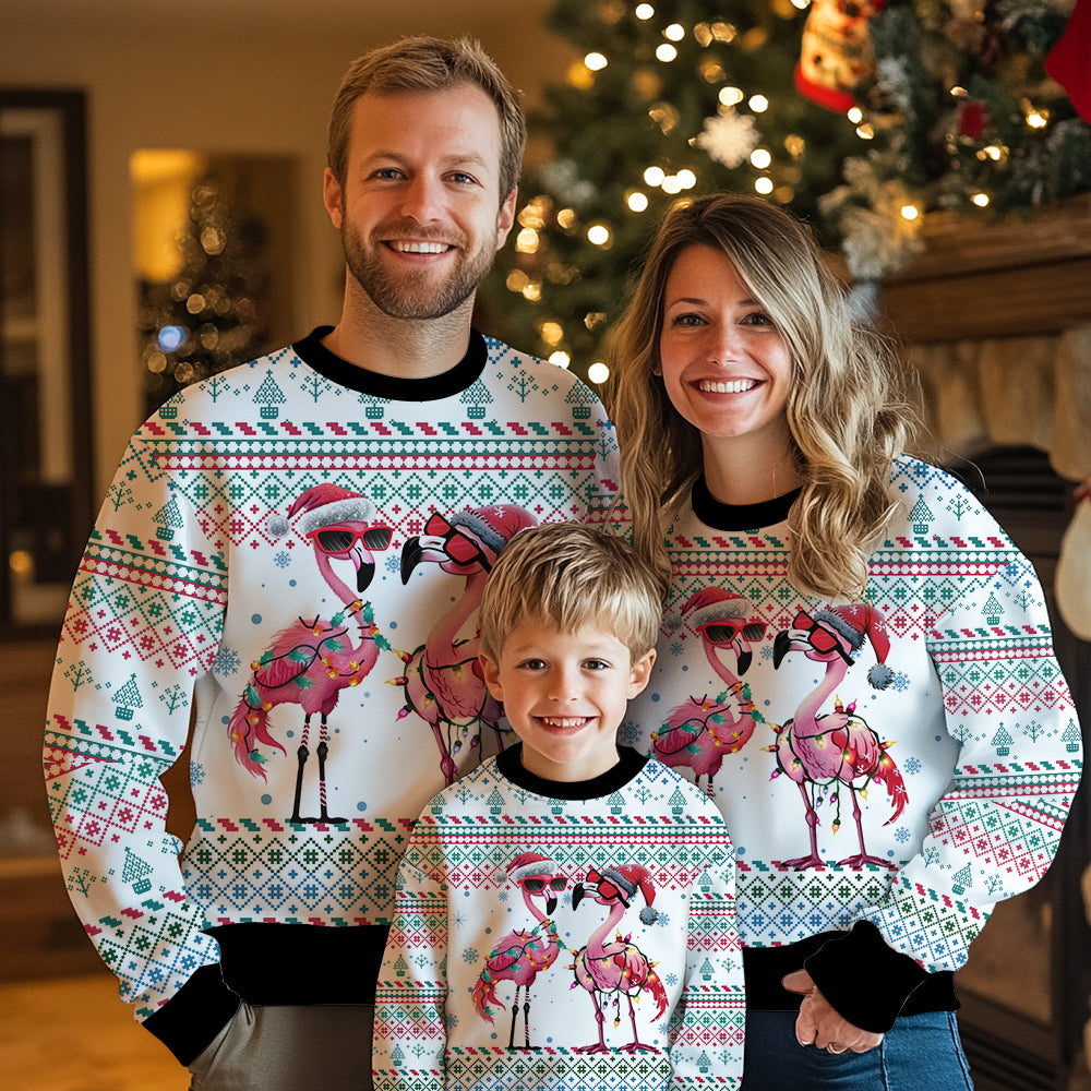 Festive Flamingos in Santa Hats Ugly Christmas Sweater