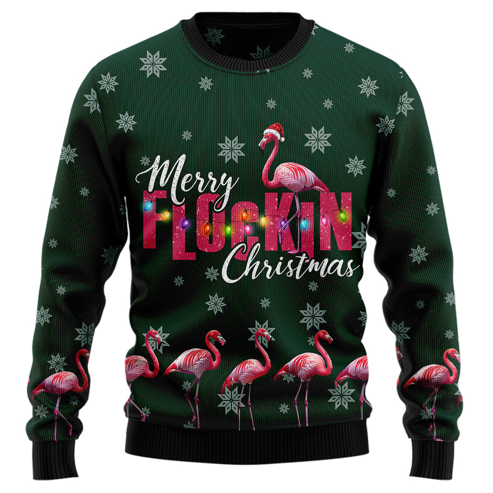 Merry Flockin Christmas Flamingo Ugly Sweater, Funny Pink Bird Holiday Sweatshirt, Novelty Xmas Pullover Men Women