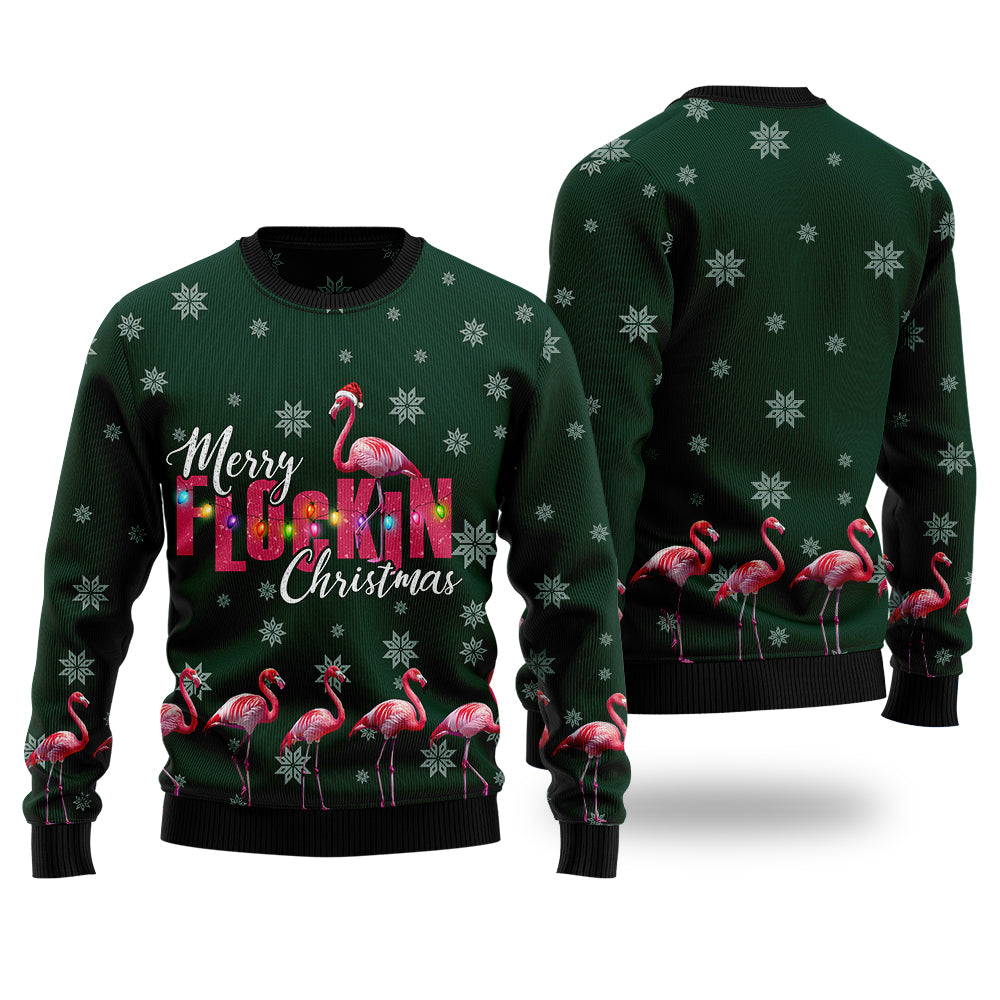 Merry Flockin Christmas Flamingo Ugly Sweater, Funny Pink Bird Holiday Sweatshirt, Novelty Xmas Pullover Men Women